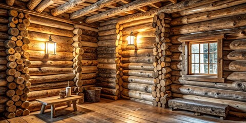 Obraz premium Rustic cabin interior featuring wood-paneled walls, a wooden bench, a small table, and a window offering a glimpse of the outdoors