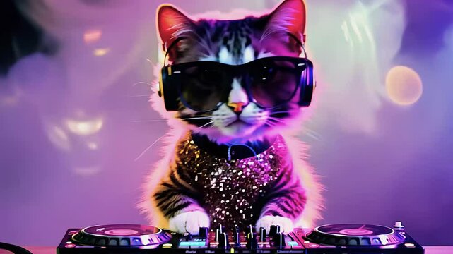 Cat at the DJ booth. Cat-DJ. Musical cat in headphones and glasses