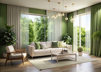 Fototapeta premium Minimalist White Living Room with Green Wall and Bokeh Effect for Modern Interior Design