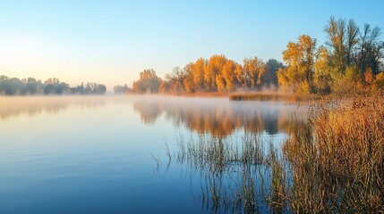 Obraz premium Serene Morning by the Misty Lake in Autumn