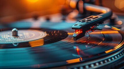 A close-up of a vintage record player with a vinyl record spinning