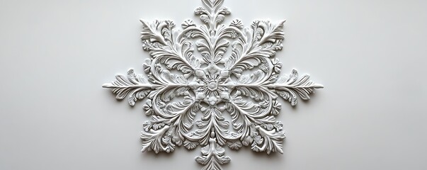 Stunning snowflake with intricate designs, set against a pure white backdrop, illustrating the captivating beauty of winters craftsmanship