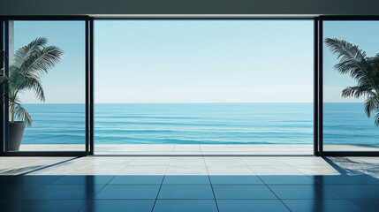 Empty Concrete Balcony Overlooking the Sea. Empty Concrete Texture Terrace with Modern Interior Design and Beach View.