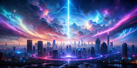 A luminous beam pierces through a swirling sky above an illuminated cityscape, with ethereal trails of light dancing around towering structures.