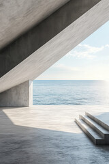 Empty Concrete Balcony Overlooking the Sea. Empty Concrete Texture Terrace with Modern Interior Design and Beach View.