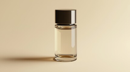 Elegant Clear Glass Bottle with Black Lid on Neutral Background