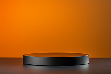 A 3D Black Podium on an Orange Background for Product Display and Presentation.
