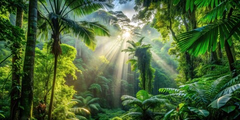 Lush rainforest with vibrant biodiversity, sunlight filtering through canopy, rainforest, lush, vibrant, biodiversity