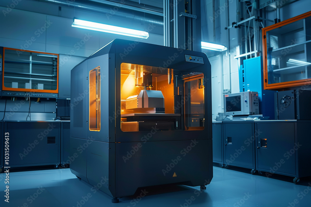 Poster a high-tech 3d printer is positioned in a contemporary workshop, emitting a warm glow from its illum