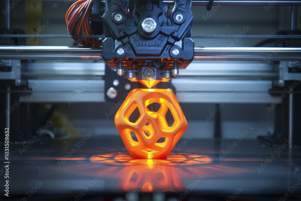 Poster a 3d printer is creating a yellow object