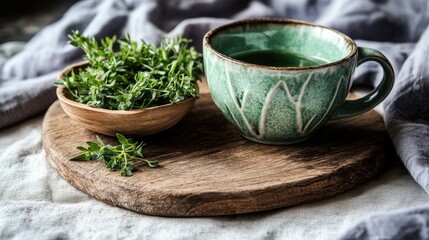 Herbal Tea and Fresh Thyme on Wooden Plate