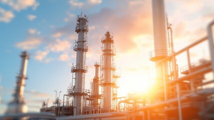Obraz premium Refinery towers illuminated by sunset, creating a dramatic industrial skyline.