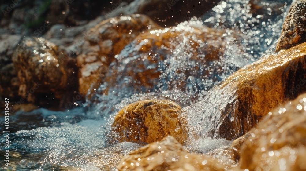 Poster close-up of a cascading stream flowing over smooth, rounded rocks.