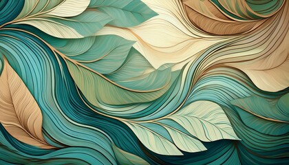葉っぱの模様と木目や水の波紋の柔らかく抽象的な背景。Soft abstract background of leaf patterns, wood grain and water ripples.