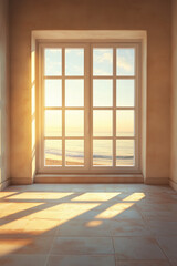 Obraz premium Empty room with window, Beige Empty Room Interior with a Window Overlooking the Beach.