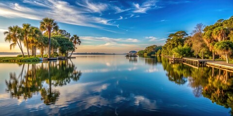Obraz premium Beautiful morning at Kings Bay, Crystal River Florida , blue sky, clouds, sunny, nature, outdoor, waterfront, peaceful