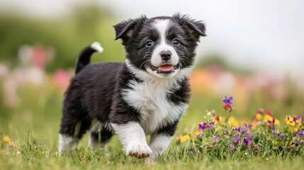 Fototapeta premium A playful black and white puppy joyfully walks through a vibrant flower field, embodying the essence of youth and nature.
