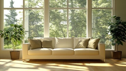 Modern Living Room with Natural Light and Greenery