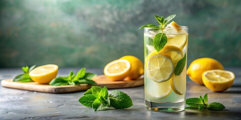 Fototapeta premium Refreshing homemade lemonade with lemon slices and mint leaves on a glass table, perfect for summer drinks