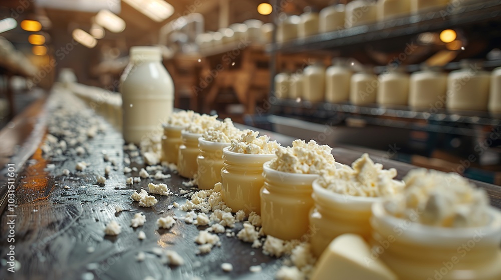 Poster a production line displaying jars filled with creamy substance and scattered residue.