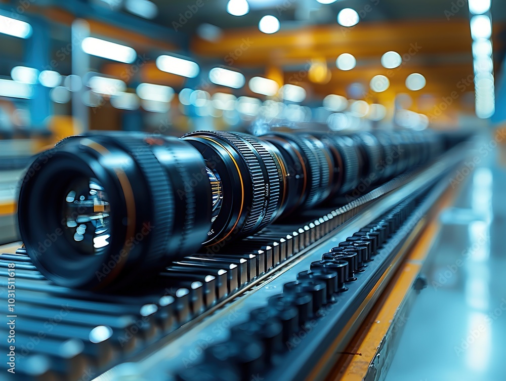 Poster a production line with camera lenses in a factory setting.