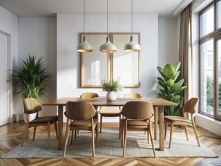 Modern Dining Room Design with Wooden Table and Chairs Featuring Blank Poster Mockup for Interior Inspiration