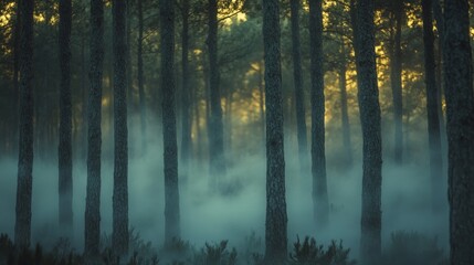 Obraz premium A foggy forest in the early morning, dense mist hanging low between the trees