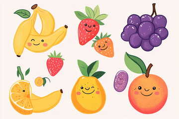 A bunch of fruit with different faces.