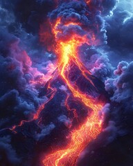A powerful eruption of a volcano with glowing lava flowing down the mountainside and a plume of smoke billowing into the night sky.