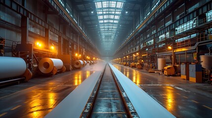A spacious industrial facility with large rolls of paper and illuminated pathways.