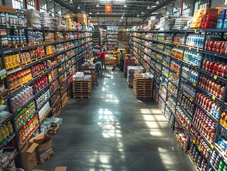 A spacious warehouse filled with shelves of various products and workers organizing items.