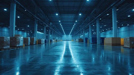 Spacious Modern Warehouse Interior with Stacked Boxes and Reflective Floor Under Bright Industrial Lighting