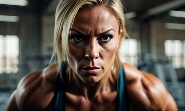 Strong female bodybuilder posing confidently in gym showcasing impressive physique and defined muscles