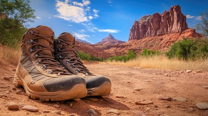 Naklejka premium Hiking Boots on a Trail with Scenic Background