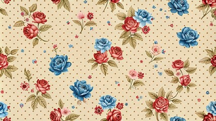 Fototapeta premium A Seamless Pattern of Delicate Roses and Tiny Dots in Shades of Red, Blue, and Pink, Adorned with Lush Green Foliage, Against a Soft Beige Background