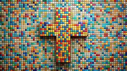 Fototapeta premium A vibrant, colorful mosaic cross composed of numerous small squares, showcasing the intricate beauty of a pattern constructed from diverse shades