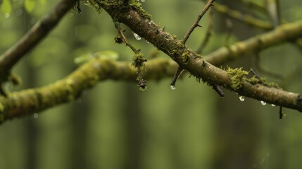 Close-Up of Mossy Tree Branch with Raindrops