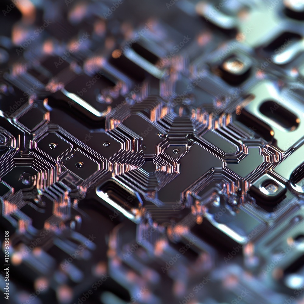 Poster abstract close-up of circuit board with metallic finish and colorful reflections.