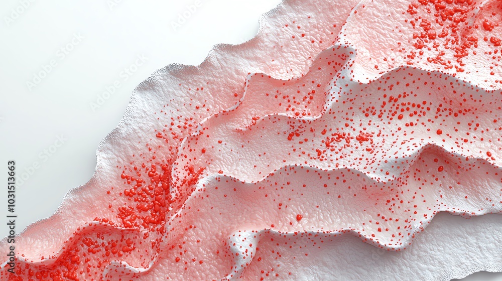 Poster an abstract close-up of textured layers in soft white and vibrant red, creating a harmonious visual 