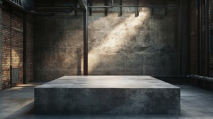 Concrete Platform in Industrial Setting with Sunlight and Brick Wall.