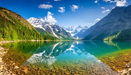 Fototapeta premium Scenic alpine lake reflecting snow-capped mountains under a blue sky in New Zealand