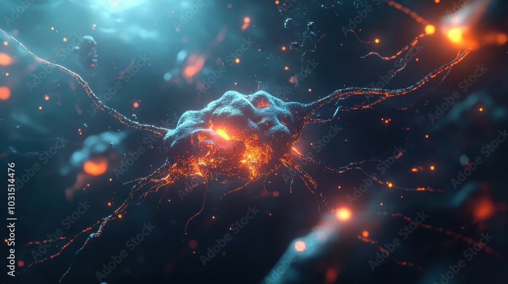 Poster 3d render of a glowing neuron cell with intricate details and sparks