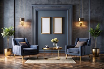 Modern Living Room Mockup with Picture Frame, Dark Blue Armchairs, and Gold Coffee Table for Interior Design