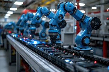 Fototapeta premium Robotic arms assembling devices on a conveyor belt in a manufacturing facility.