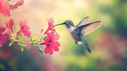 A tiny hummingbird suspended in mid-air, its wings a blur of motion as it drinks nectar from a cluster of vibrant red flowers. v2