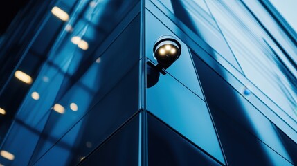 Modern Security Camera on Blue Glass Building Facade.