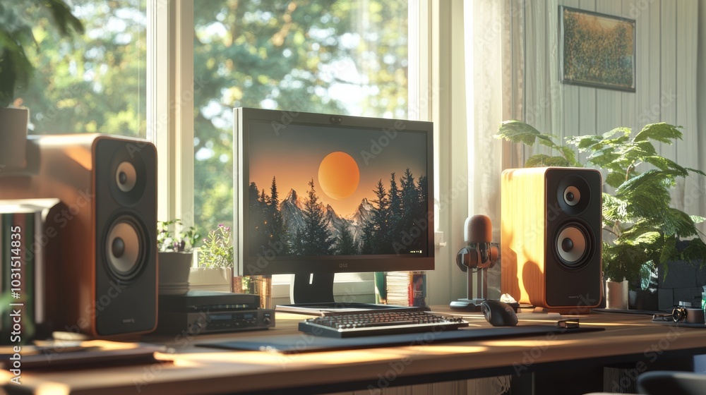 Poster a cozy workspace featuring a computer with a scenic sunset display, surrounded by plants and speaker