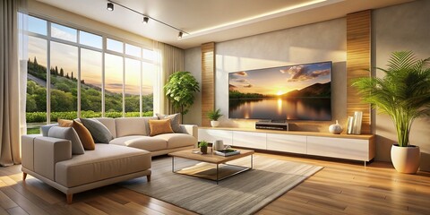 Modern Living Room with Large Windows and Stylish Decor for Home Interior Inspiration