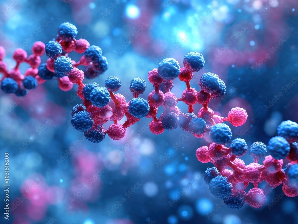 Poster 3d rendering of a blue and pink molecular structure with blurred background.