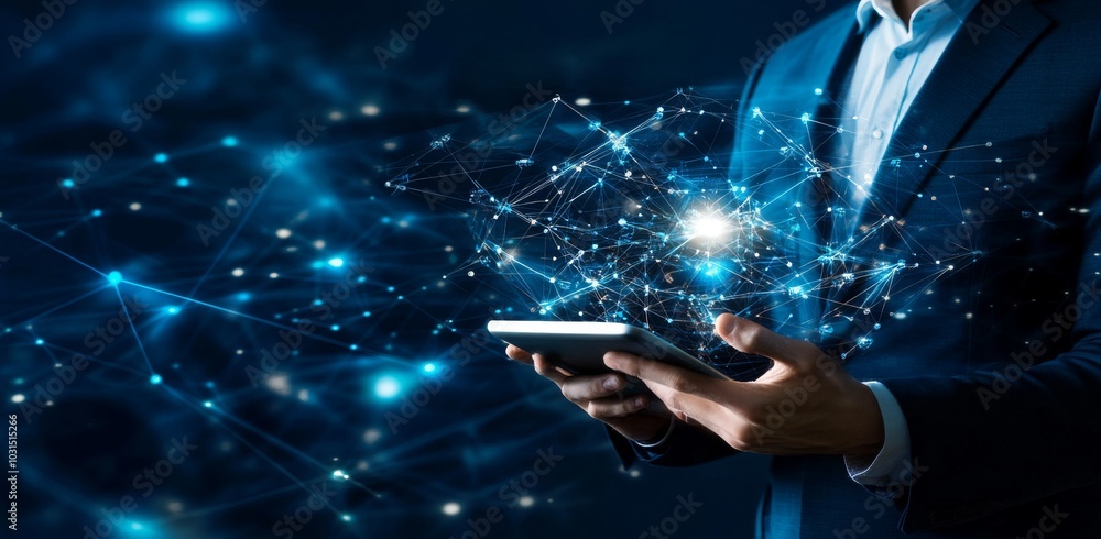 Poster businessman using tablet with glowing network connection.